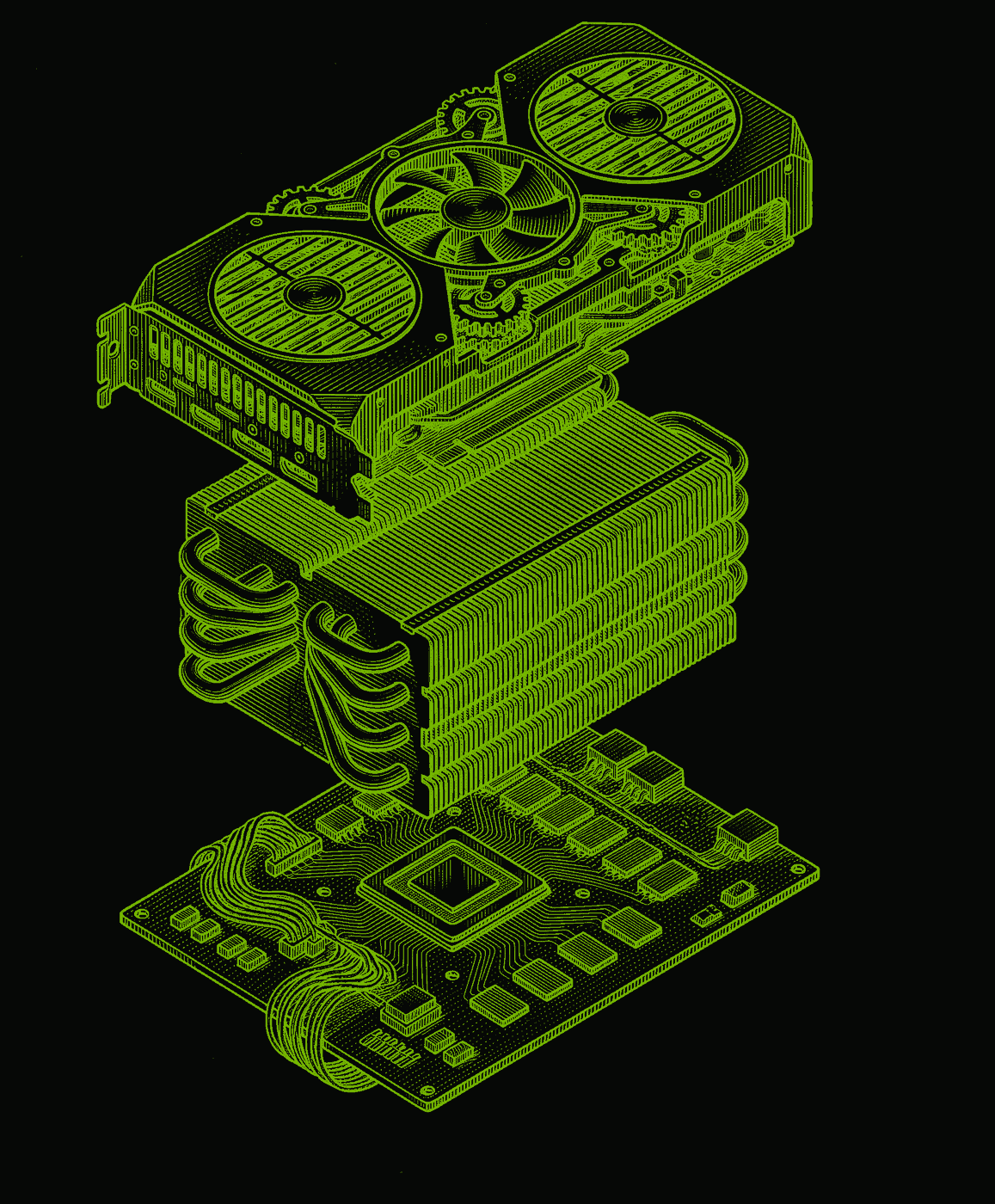 Engraved exploded view of a graphics card: cooler, fins and heat pipes, circuit board