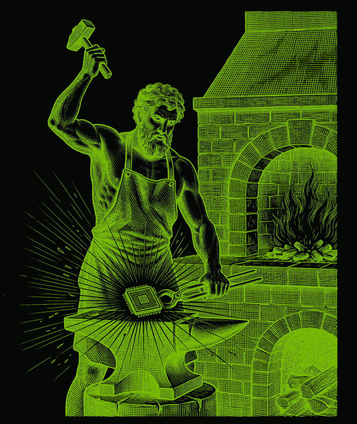Engraving of Hephaestus at his anvil, holding a glowing computer chip in his tongs