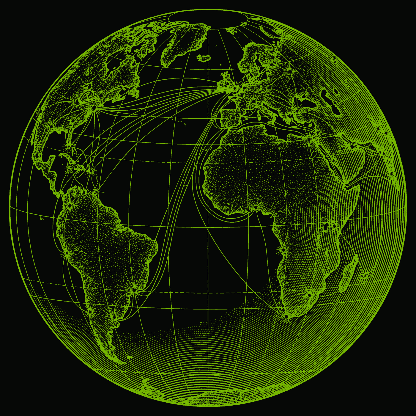 Engraving of the globe with cables arcing between cities