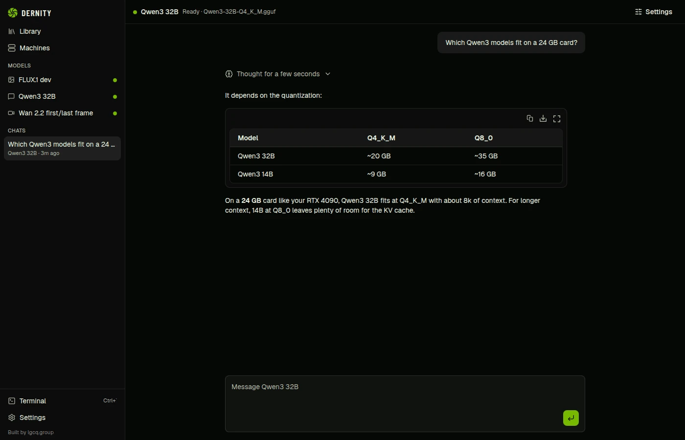 Dernity's chat window: Qwen3 32B is ready in the sidebar with a green dot and answers which Qwen3 models fit on a 24 GB card